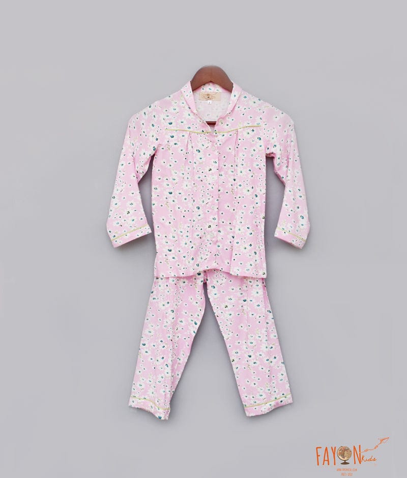 Pink Floral Printed Shirt with Pajama for Girls