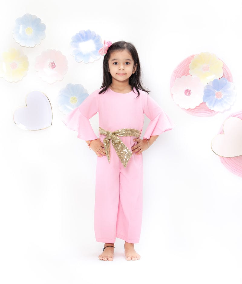 Pink Georgette Jumpsuit with Golden Sequin Belt for Girls