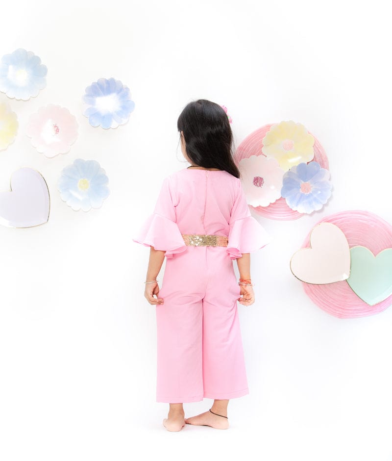 Pink Georgette Jumpsuit with Golden Sequin Belt for Girls