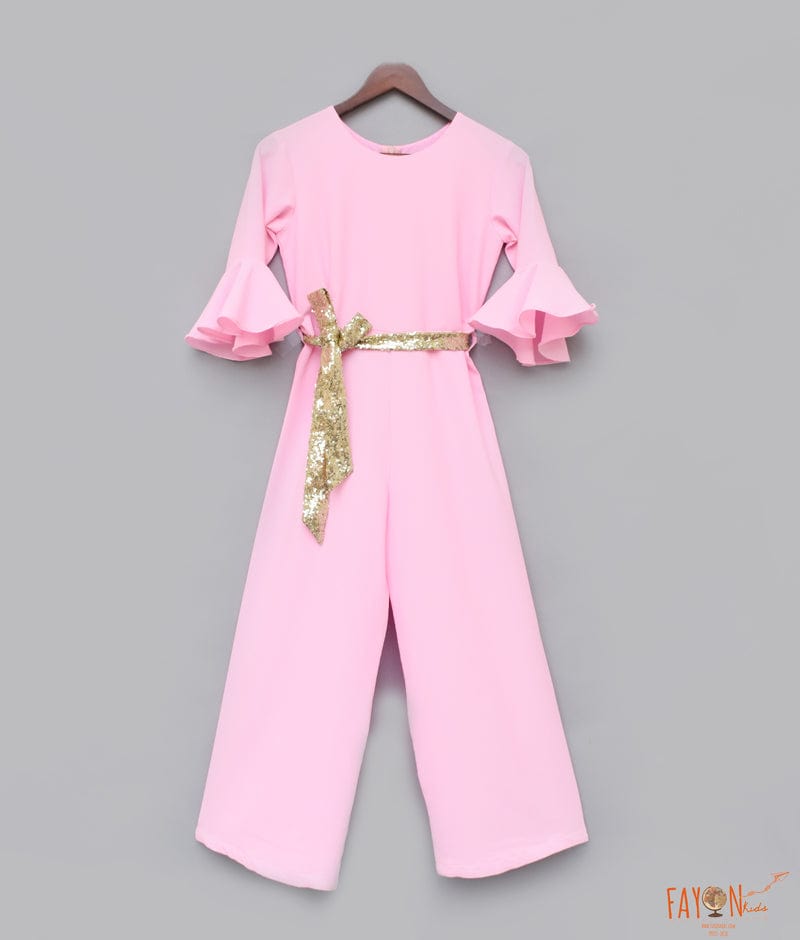 Pink Georgette Jumpsuit with Golden Sequin Belt for Girls