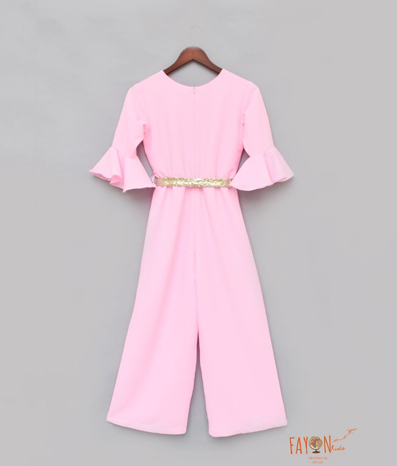 Fayon Kids Pink Georgette Jumpsuit with Golden Sequin Belt for Girls