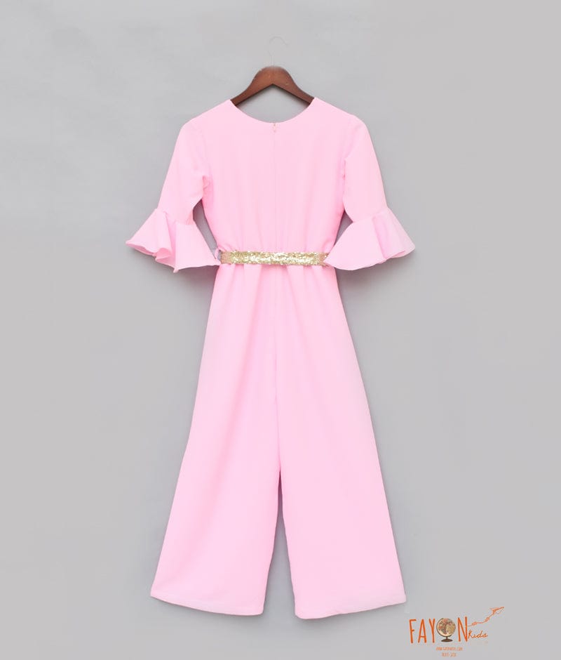 Pink Georgette Jumpsuit with Golden Sequin Belt for Girls