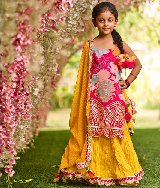 Pink Georgette Print Kurti and Yellow Ghagraa Dupatta for Girls