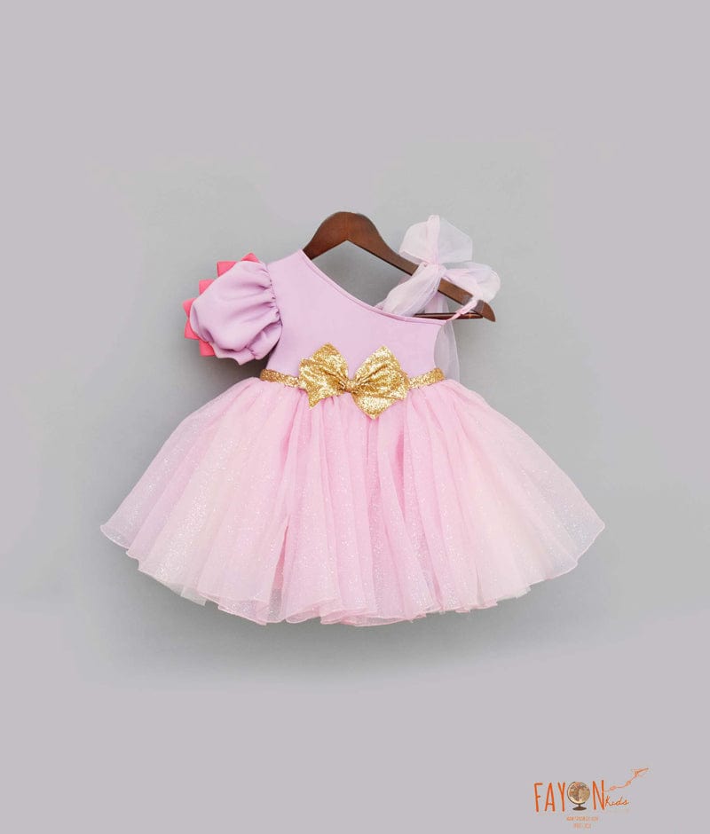 Pink Glitter Net Lilac Frock for Girls