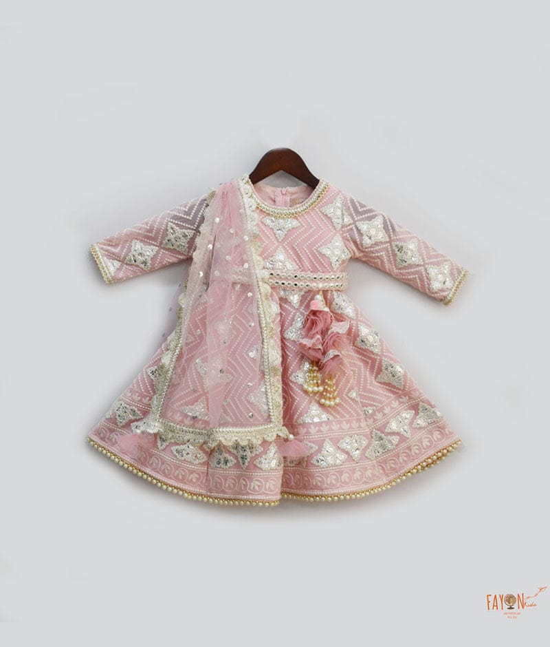 Pink Gota Embroidery Anarkali with Net Dupatta for Girls