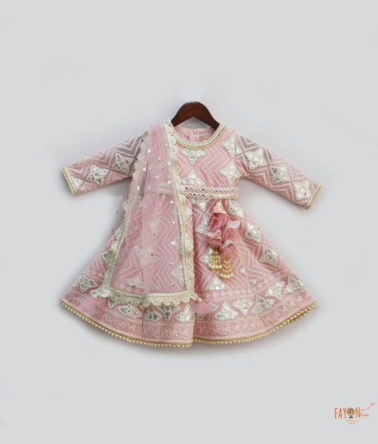 Pink Gota Embroidery Anarkali with Net Dupatta for Girls