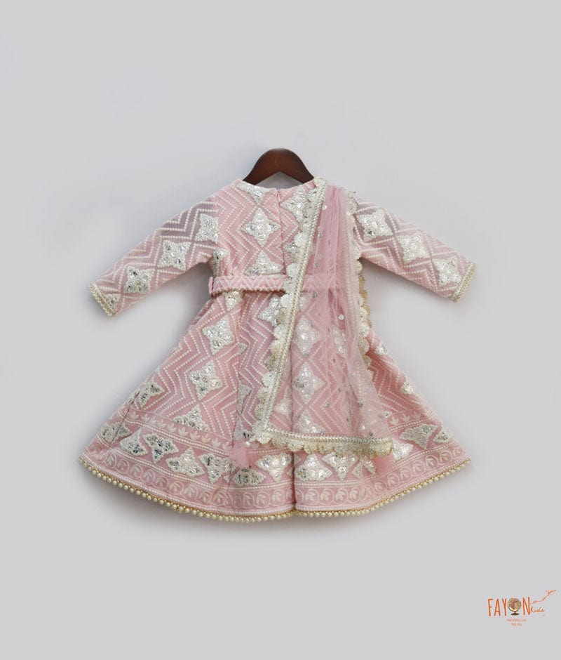 Pink Gota Embroidery Anarkali with Net Dupatta for Girls