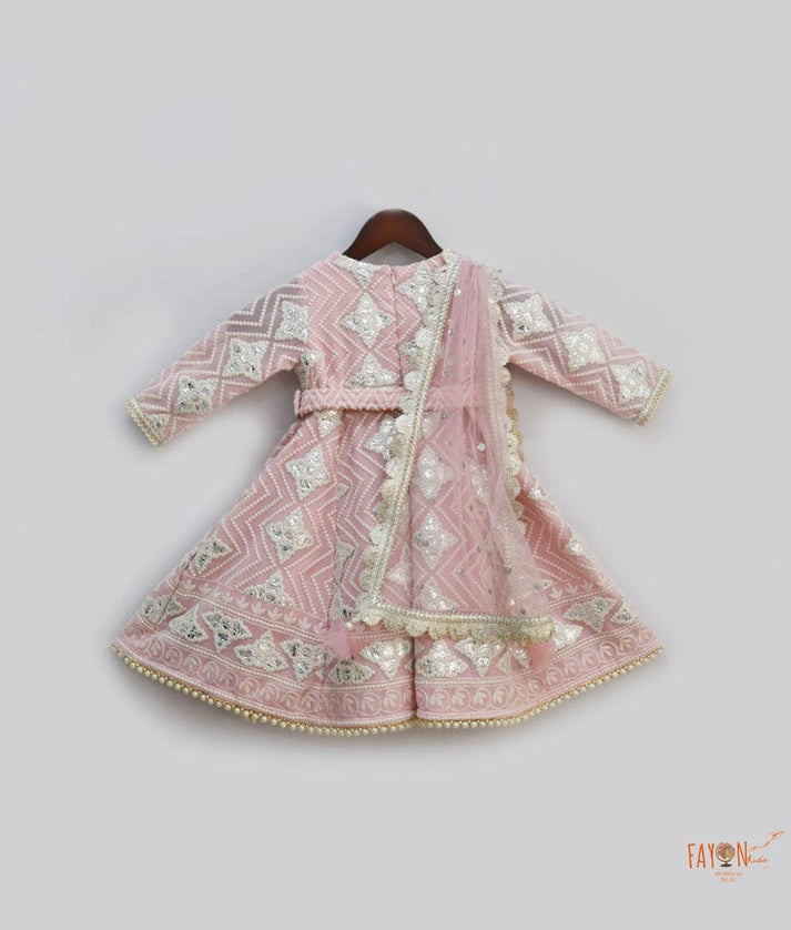 Pink Gota Embroidery Anarkali with Net Dupatta for Girls