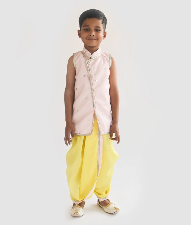 Pink Jacket with Yellow Dhoti for Boys