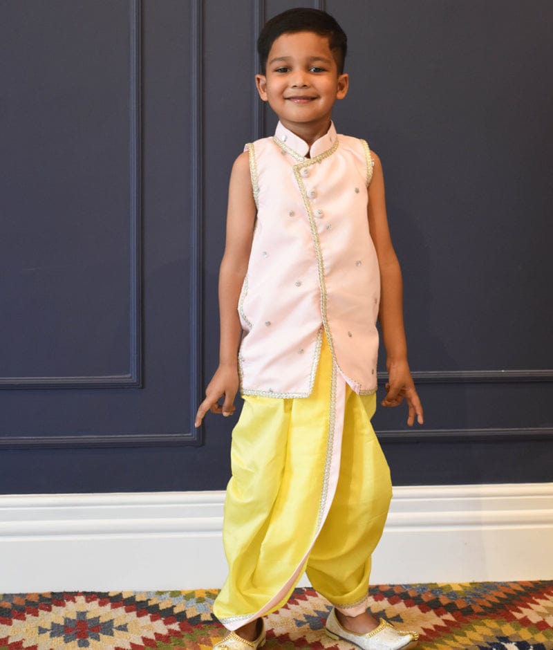 Pink Jacket with Yellow Dhoti for Boys