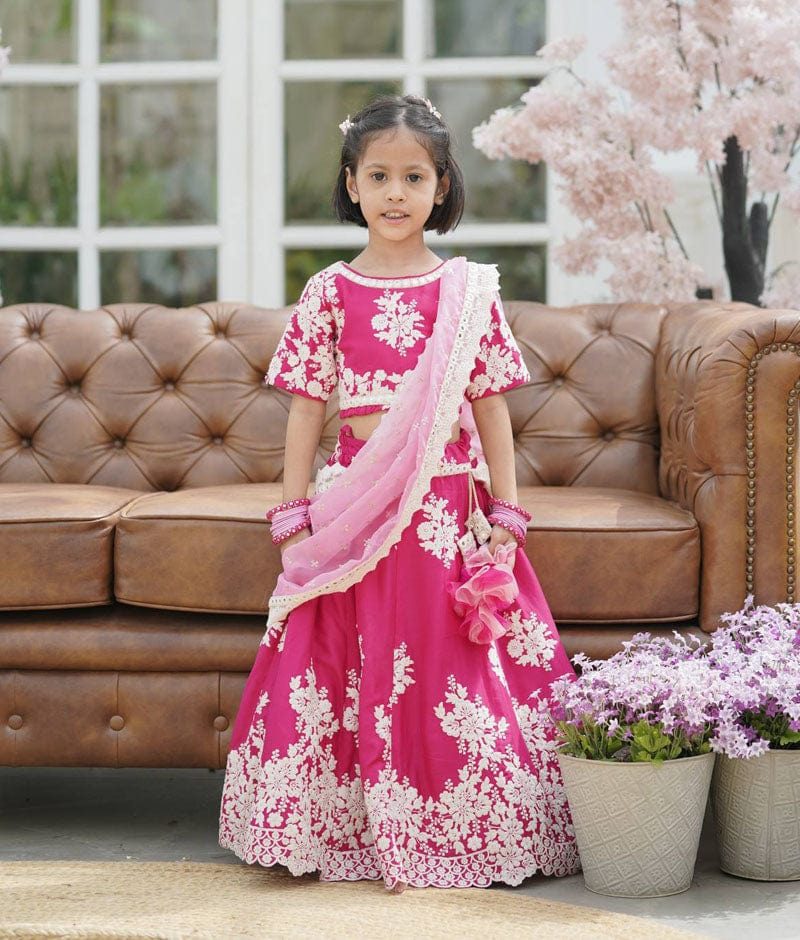 Pink Lehenga Choli and Pink Organza Dupatta for Girls