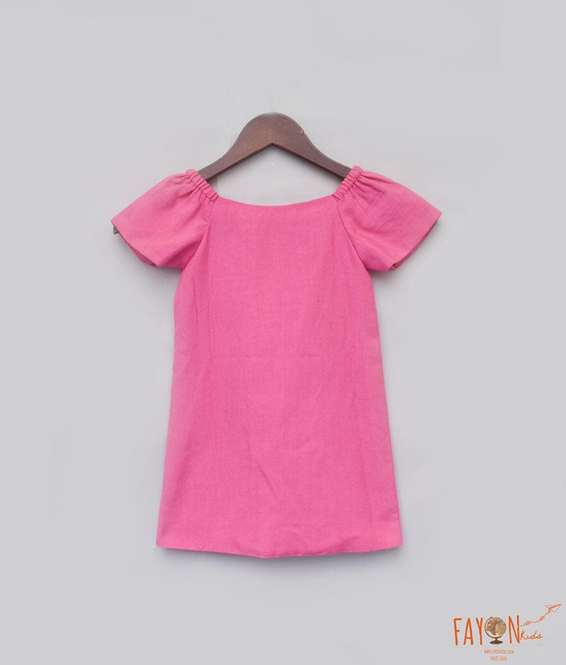 Pink Linen Dress with Funky Embroidery for Girls