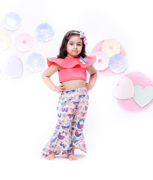 Pink Lycra Crop Top with Printed Pant for Girls