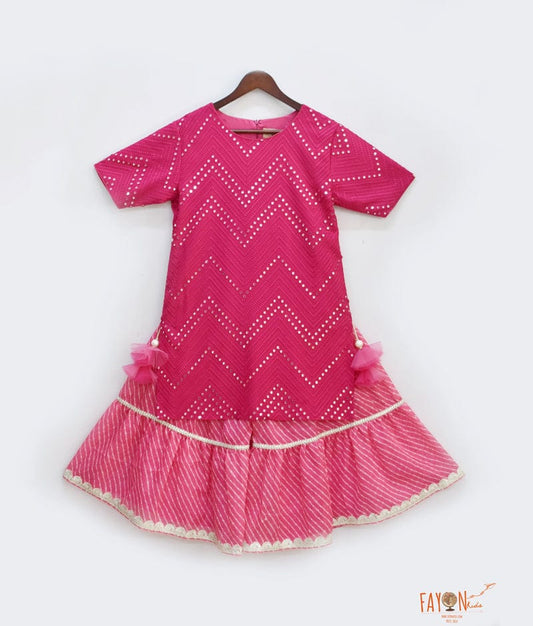 Pink Mirror Work Pink Lehriya Sharara with Kurti for Girls