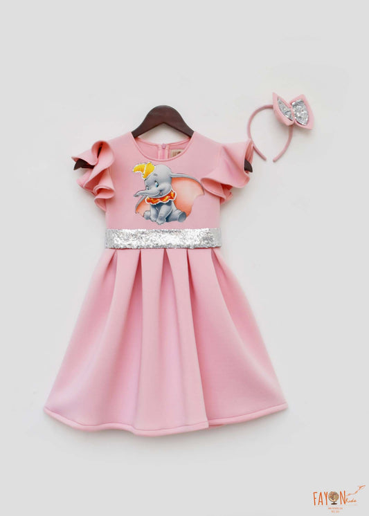 Pink Neoprene Dress with Silver Belt for Girls