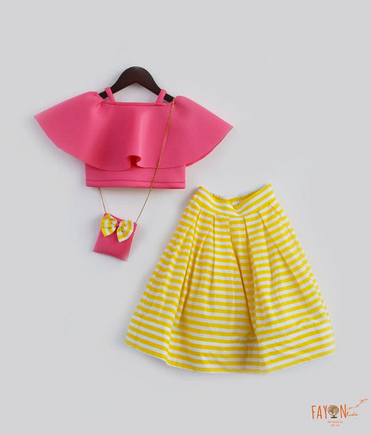 Pink Neoprene Yellow Stripe Printed Crop Top with Skirt for Girls