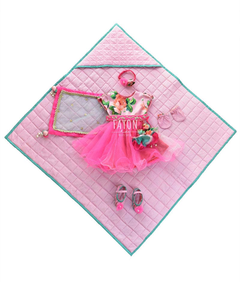 Pink Net Lehenga Printed Choli Jamna Set for Girls