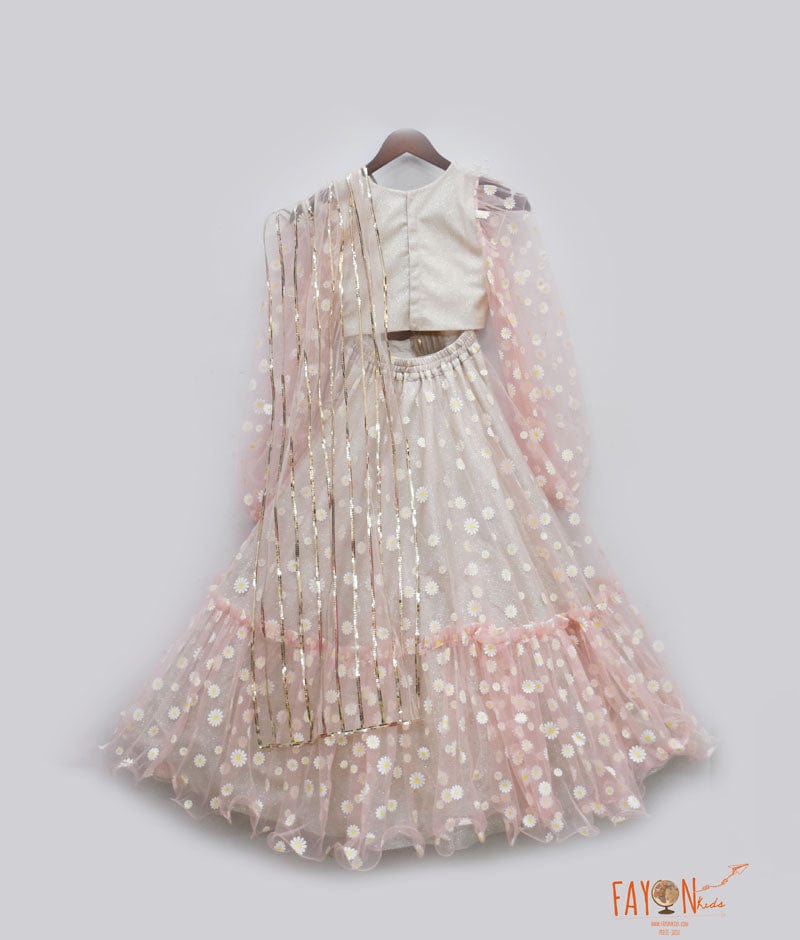 Pink Net Printed Lehenga with Choli for Girls