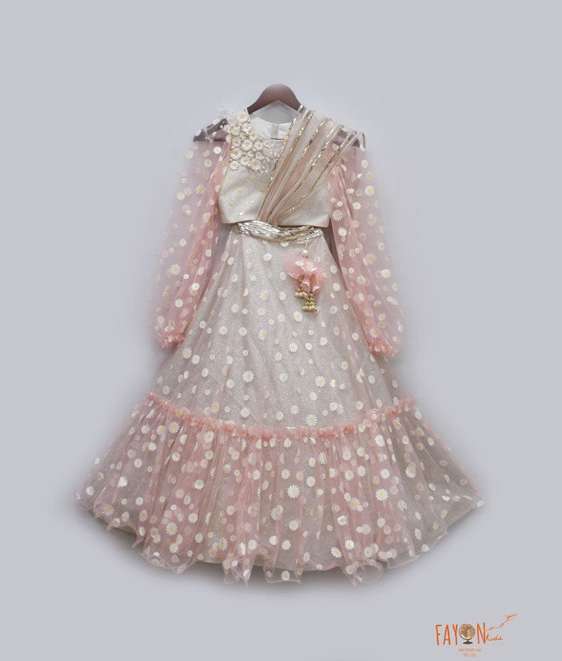 Pink Net Printed Lehenga with Choli for Girls