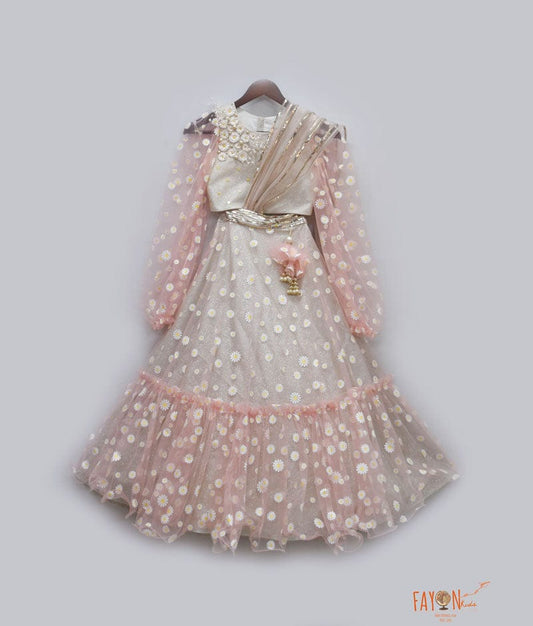 Pink Net Printed Lehenga with Choli for Girls