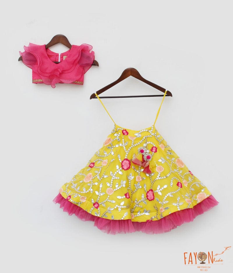 Pink Organza Frill Top and Yellow Embroidery Lehenga for Girls