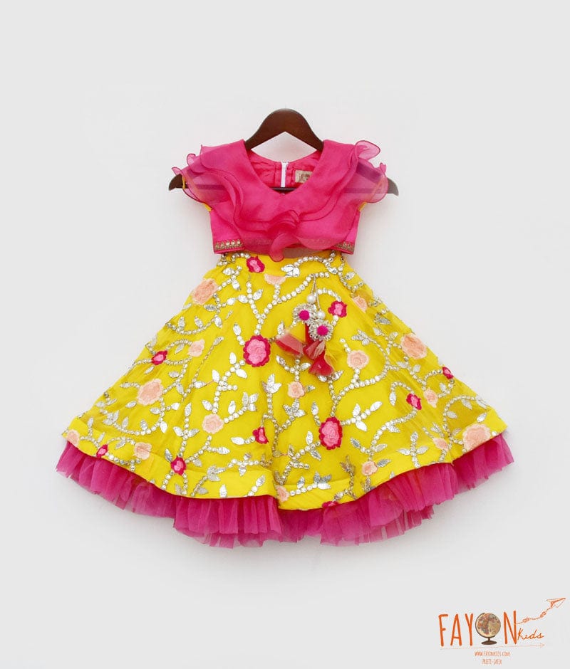 Pink Organza Frill Top and Yellow Embroidery Lehenga for Girls