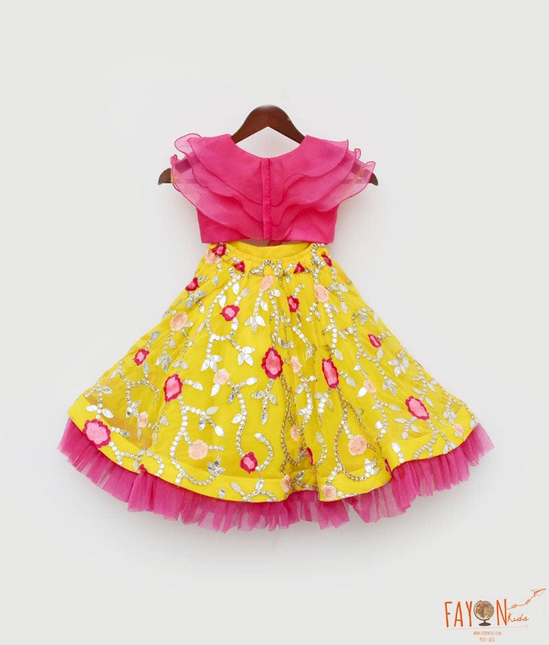 Pink Organza Frill Top and Yellow Embroidery Lehenga for Girls