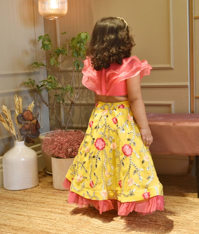 Pink Organza Frill Top and Yellow Embroidery Lehenga for Girls