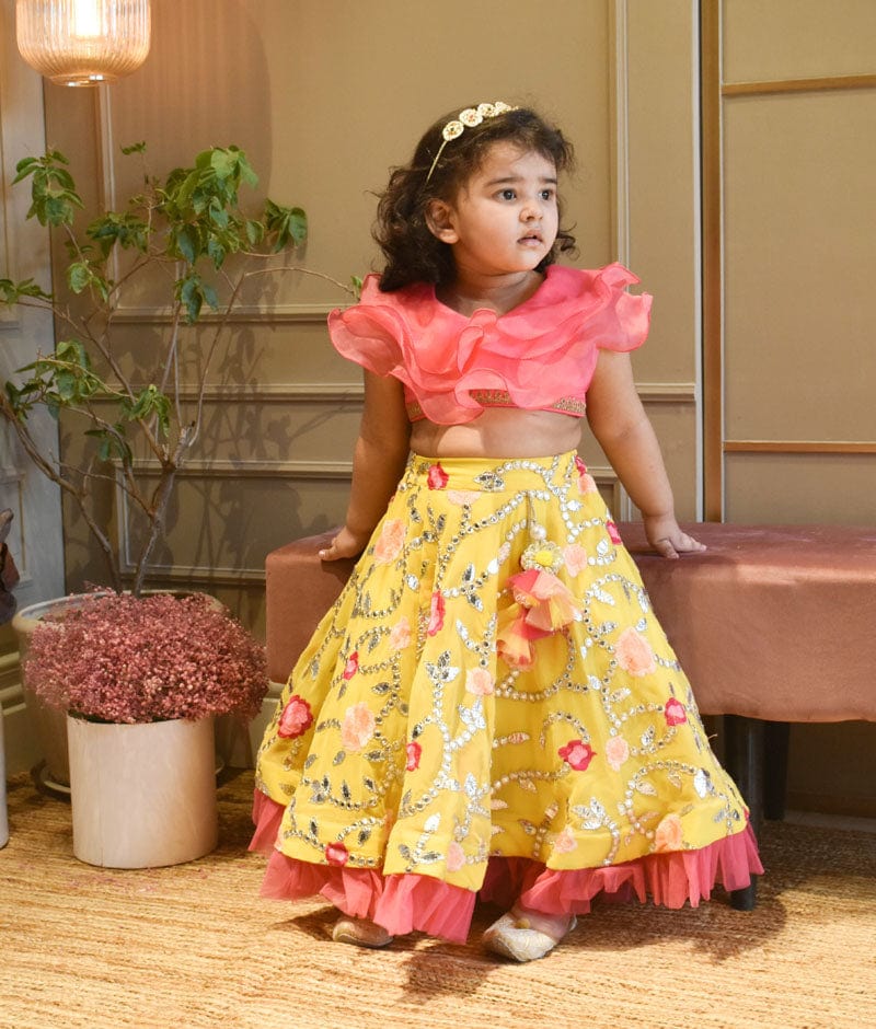 Pink Organza Frill Top and Yellow Embroidery Lehenga for Girls