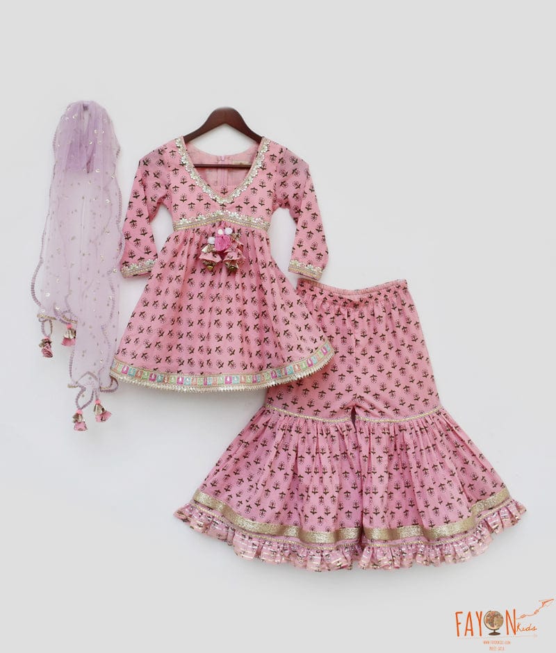 Pink Printed Kurti Sharara Dupatta for Girls
