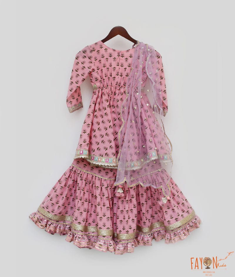 Pink Printed Kurti Sharara Dupatta for Girls