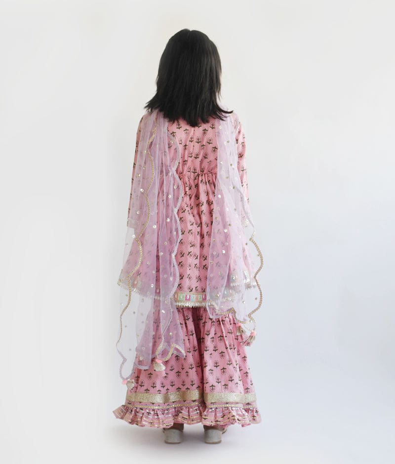 Pink Printed Kurti Sharara Dupatta for Girls