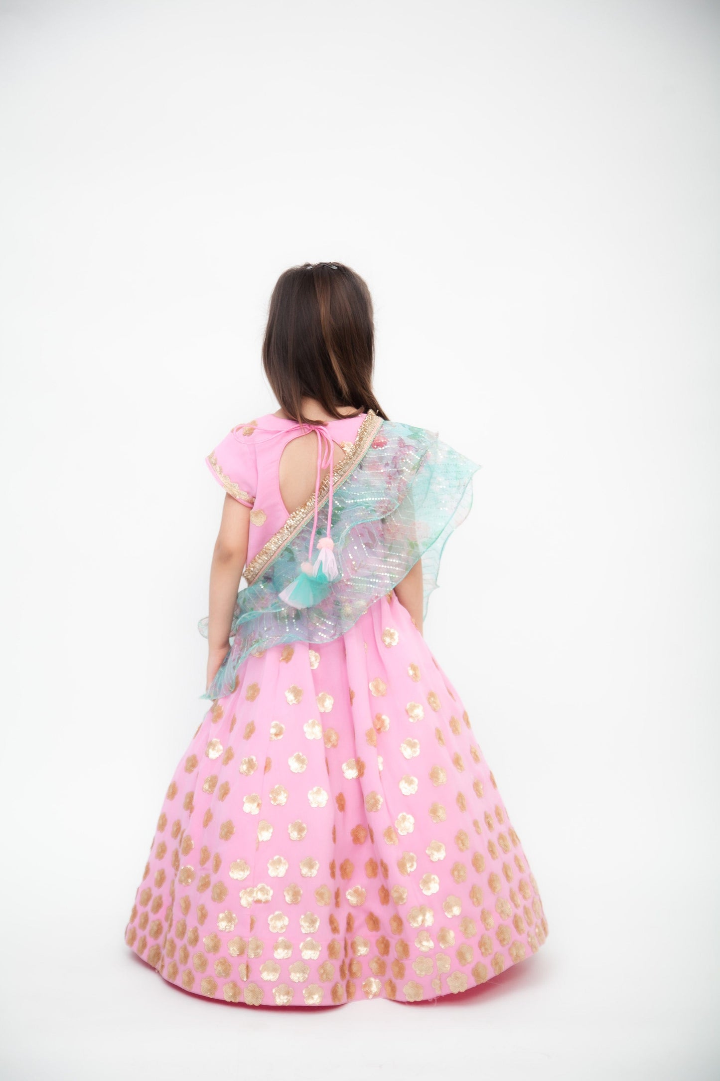 Pink Sequins Flowers Booti Georgette Lehenga Choli with Dupatta Set for Girls