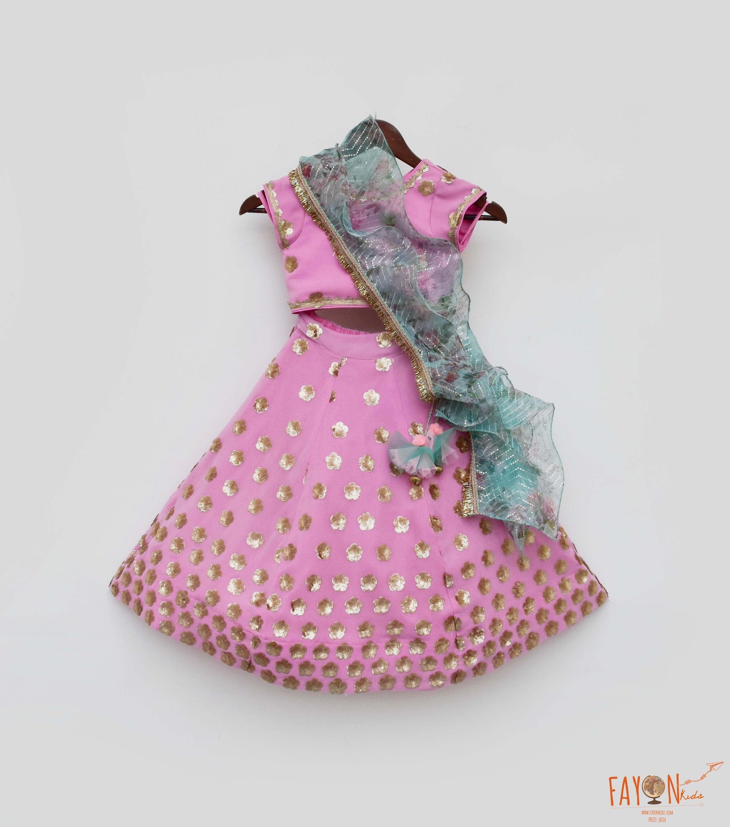 Pink Sequins Flowers Booti Georgette Lehenga Choli with Dupatta Set for Girls