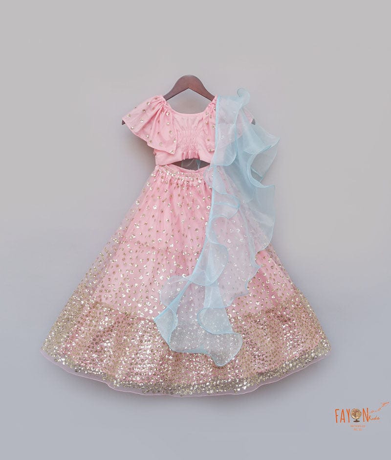 Pink Sequins Lehenga with Top Blue Organza Dupatta for Girls