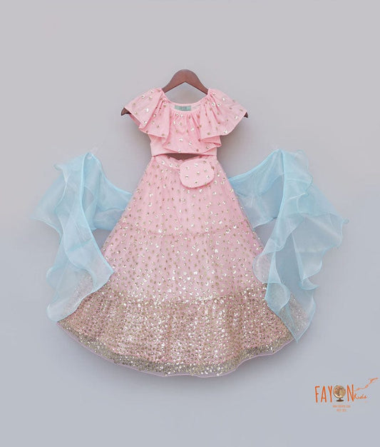 Pink Sequins Lehenga with Top Blue Organza Dupatta for Girls