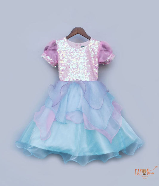 Pink Sequins Organza Frock for Girls