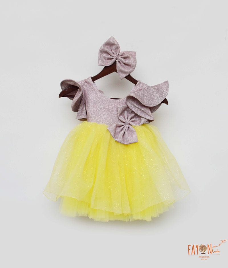 Pink Shimmer Yellow Glitter Net Frock for Girls
