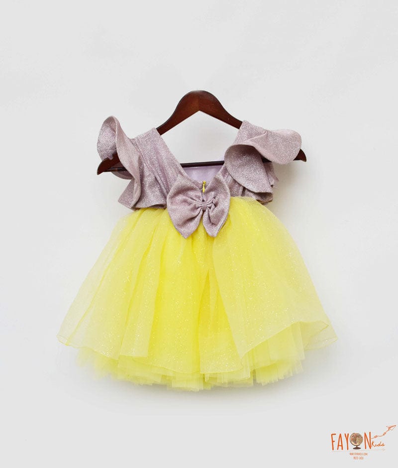 Pink Shimmer Yellow Glitter Net Frock for Girls