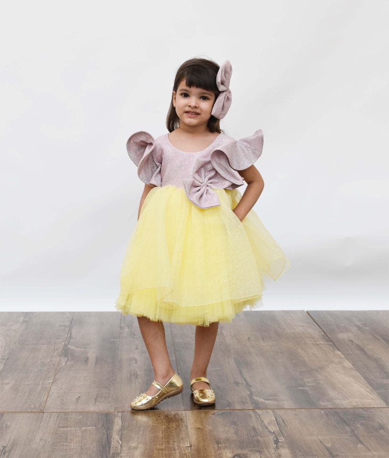 Pink Shimmer Yellow Glitter Net Frock for Girls