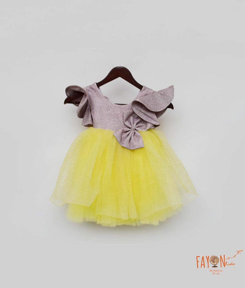 Pink Shimmer Yellow Glitter Net Frock for Girls