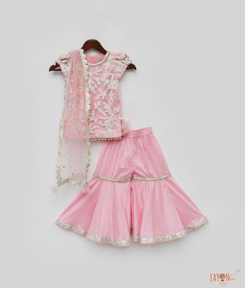 Pink Silk Embroidery Sharara with Kurti Boti Net Dupatta for Girls