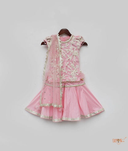 Fayon Kids Pink Silk Embroidery Sharara with Kurti Boti Net Dupatta for Girls