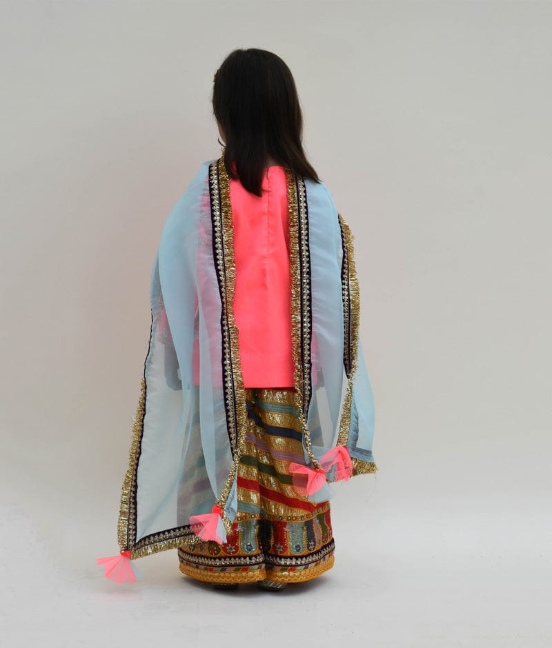 Pink Silk Embroidery Sharara with Kurti Organza Dupatta for Girls