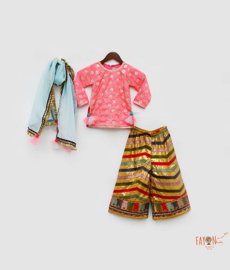 Pink Silk Embroidery Sharara with Kurti Organza Dupatta for Girls