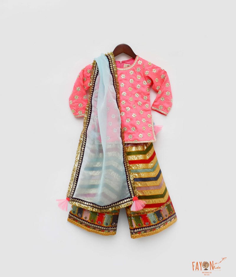 Pink Silk Embroidery Sharara with Kurti Organza Dupatta for Girls