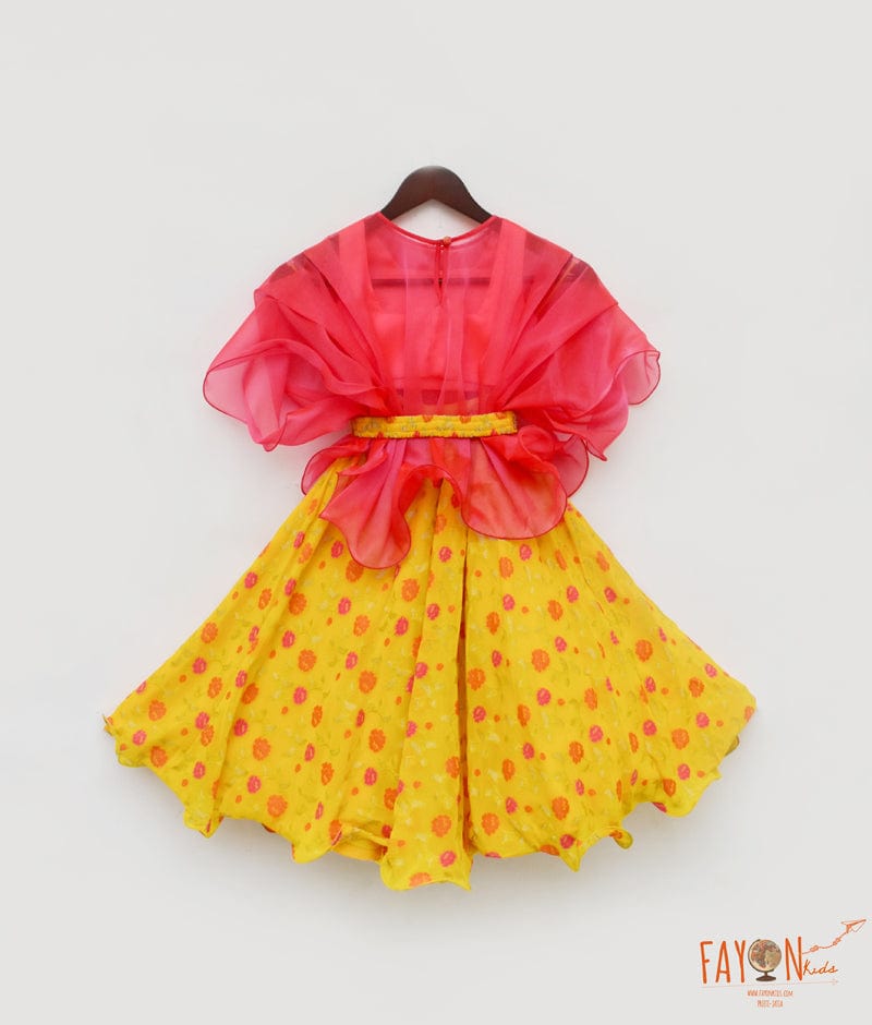 Pink Silk Yellow Georgette Printed Lehenga with Choli Organza Cape for Girls