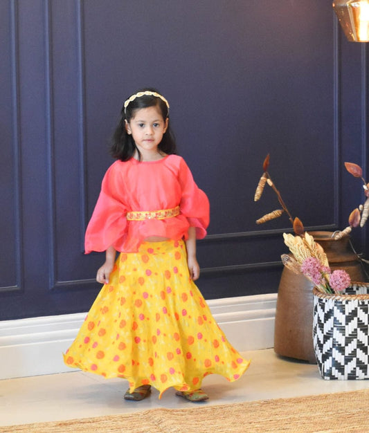 Pink Silk Yellow Georgette Printed Lehenga with Choli Organza Cape for Girls