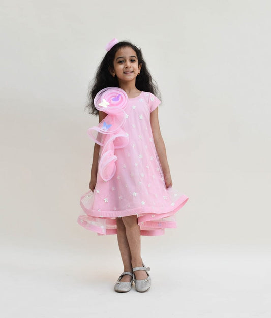 Pink Star Net High Low Dress for Girls