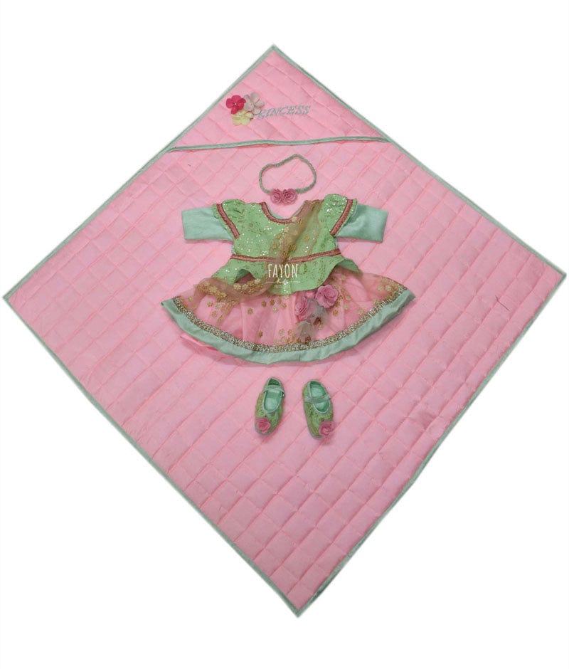 Pista Green Embroidery Choli Pink Foil Printed Lehenga Jamna Set for Girls